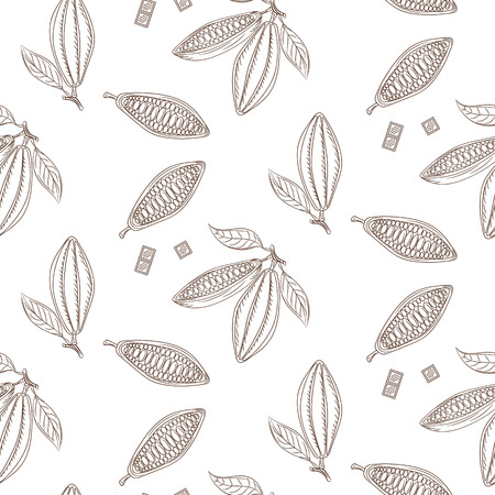 Cocoa beans outline seamless pattern. Chocolate monochrome background. Organic raw cocoa beans line pattern.のイラスト素材