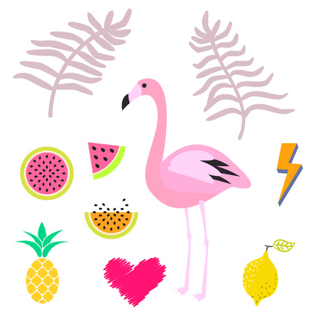 Summer pink flamingo clipart icon set. Palm leaevs, watermelon, pineapple fruits.のイラスト素材