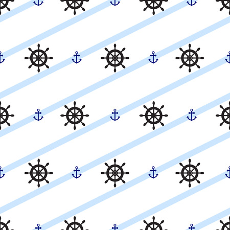 Seamless vector pattern with nautical anchors. Sea theme anchor and steering wheel repeat background with blue diagonal stripes.のイラスト素材