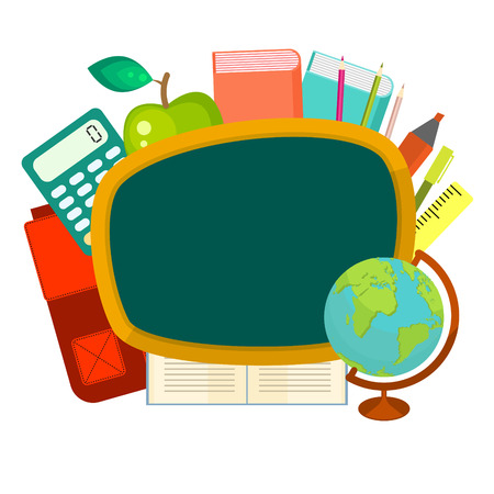 School supplies vector clip art objects. Blackboard banner template with education objects - backpack, globe, books and stationery items.のイラスト素材