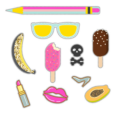 Patches sticker set. Vector pin badges - sunglasses, banana, icecream, skull and lipstick icons.のイラスト素材