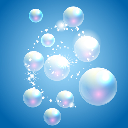 Vector soap bubbles blue background. Transparent bubbles for advert and washing powder package design.のイラスト素材