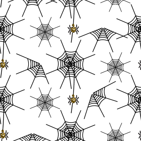 Halloween spider net vector pattern. Black and gray spooky background with glitter spider.のイラスト素材