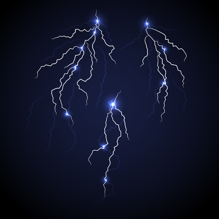 Vector lightnings set with flash spots isolated. Electric discharge illustration. Thunder and lightning on blue night dark background.のイラスト素材