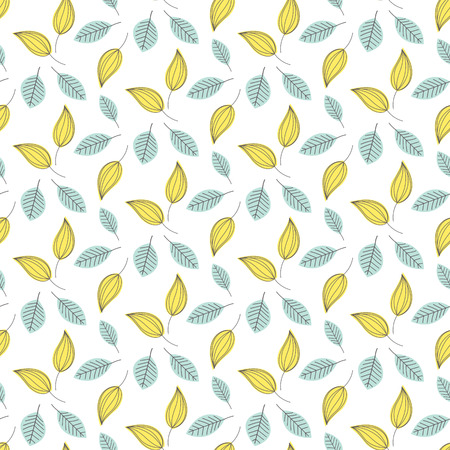 Hand drawn blue and yellow leaves seamless vector pattern. Outline foliage ornament on white background.のイラスト素材