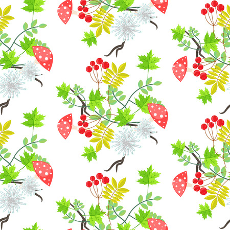 Rowan leaves and amanita mushroom seamless pattern. Floral bouquet background.のイラスト素材