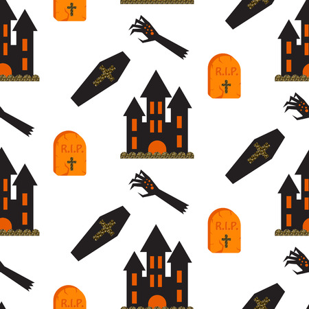 Halloween vector seamless pattern. Black castle, tomb, coffin and zombie hand scary background.のイラスト素材