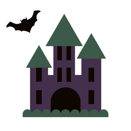 Dark gloomy castle and flying bat vector flat style icon. Spooky cartoon chateau icon.のイラスト素材