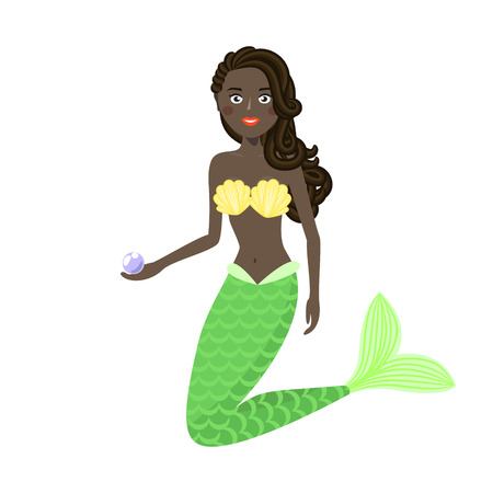Mermaid cute girl vector illustration. Cartoon young dark-skinned mermaid with pearl in hand.のイラスト素材