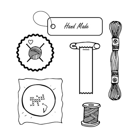 Hand drawn handmade linear vector icons. Thread bobbin, pin and hoop.のイラスト素材