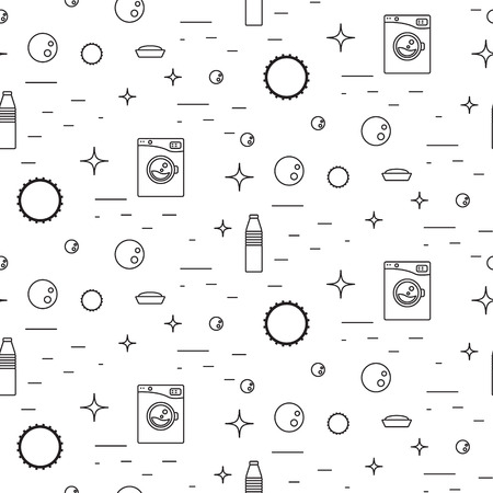 Washing machine and soap bubbles thin line seamless pattern. Black and white laundry theme vector background.のイラスト素材