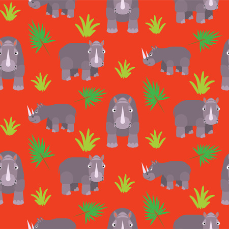 Rhino cartoon vector seamless red pattern.のイラスト素材