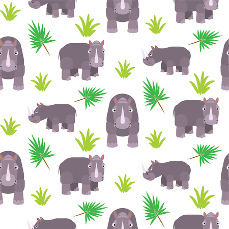 Rhinoceros cartoon vector seamless pattern. Savannah wild zoo animal background.のイラスト素材