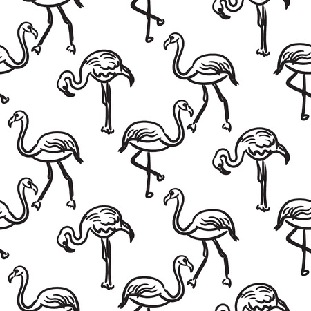 Flamingo black outline sketch seamless vector texture. Black and white aloha bird hand drawn surface pattern.のイラスト素材