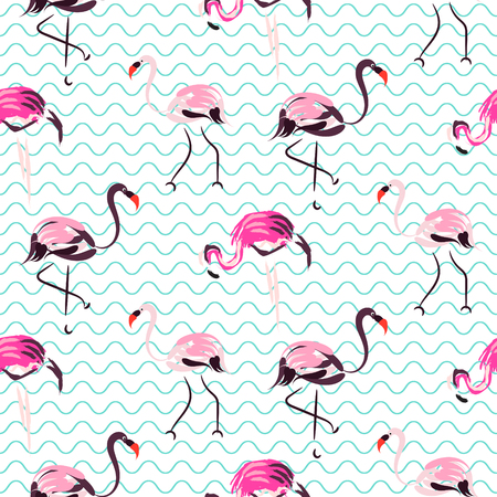 Hand drawn purple flamingo bird on blue zig zag waves seamless pattern. Tropic birds on white with brush strokes and hand painted pink plumage decoration.のイラスト素材