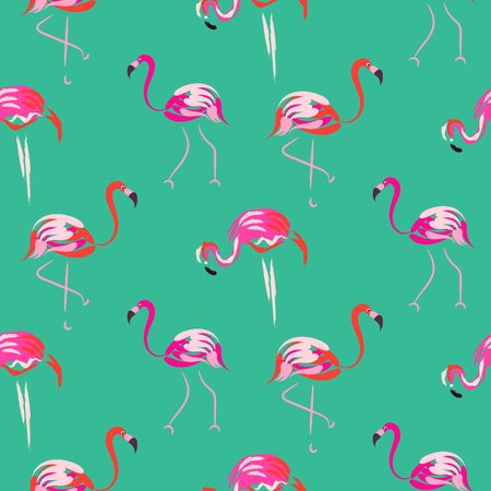 Hand drawn pink flamingo seamless mint pattern vector. Tropic birds on green with brush strokes and hand painted coral plumage decoration.のイラスト素材