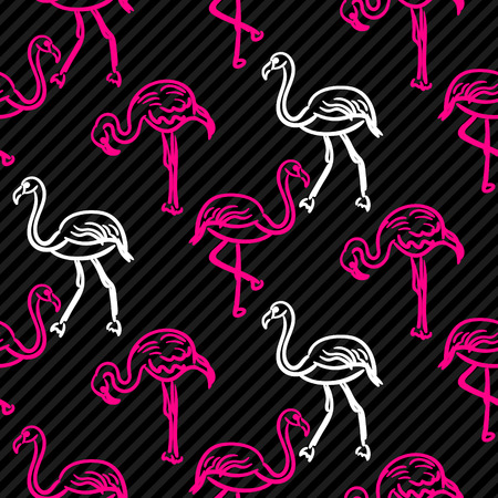Black and pink striped flamingo bird pattern. Outline hand drawn doodle Hawaii birds seamless vector background.のイラスト素材