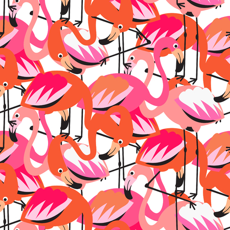 Flamingo dense red seamless pattern. Paradise birds vector pink background for textile print and wrap paper.の写真素材