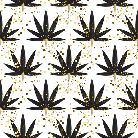 Stylized black leaf gold glitter seamless pattern.のイラスト素材