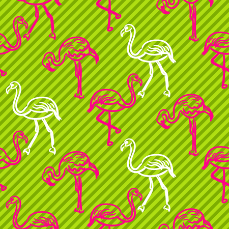 Green and pink striped flamingo bird pattern.のイラスト素材