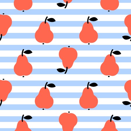 Red pear seamless blue striped pattern on white.
