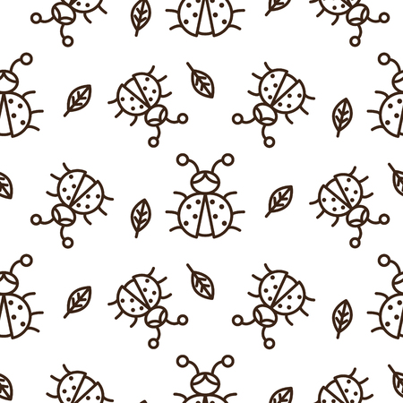 Ladybug and outline leaves on white seamless vector pattern.のイラスト素材