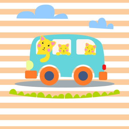 Cat family in hipster van vector illustration for kids' apparel.のイラスト素材