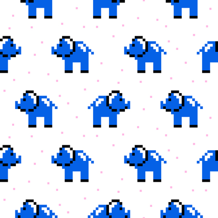 Blue elephant cartoon pixel art seamless pattern.のイラスト素材