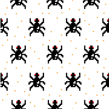 Black spider cartoon pixel art seamless vector pattern. Funny kid animal repeat background for textile and wallpaper design.のイラスト素材