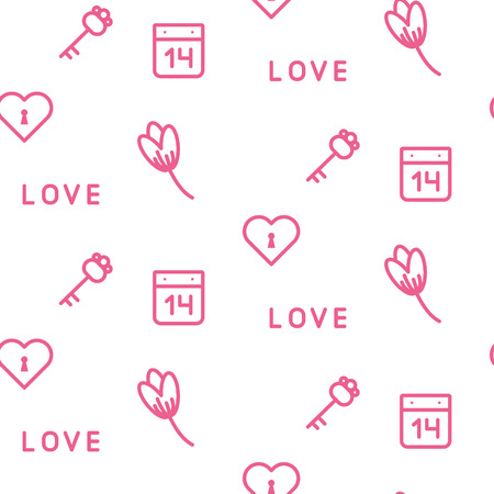 Pink keys and flowers seamless vector pattern on white. Romantic valentine wrap paper design.のイラスト素材