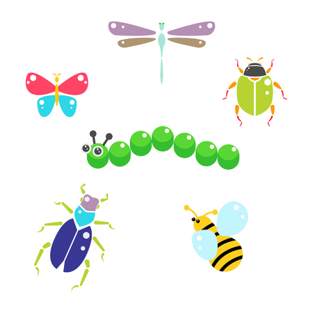 Cartoon insects colorful vector set on white. Bee, beetles, butterfly and caterpillar.のイラスト素材