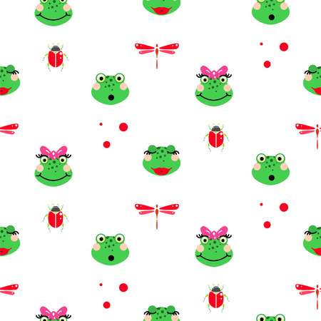 Frogs cartoon green seamless vector pattern.のイラスト素材