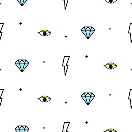 Doodle lightning, eye and diamond patternのイラスト素材