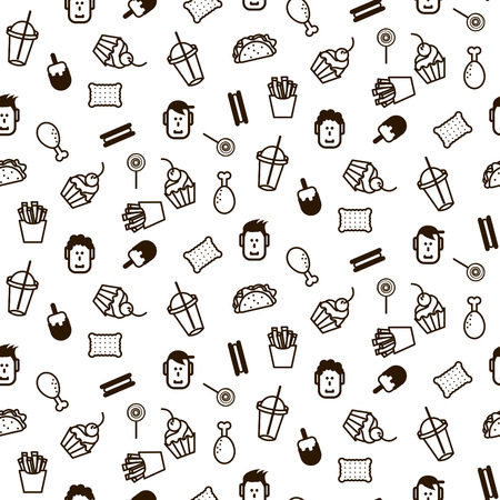 Fast food icon style seamless vector pattern. Monochrome fun doodles background for site and wrap paper.のイラスト素材