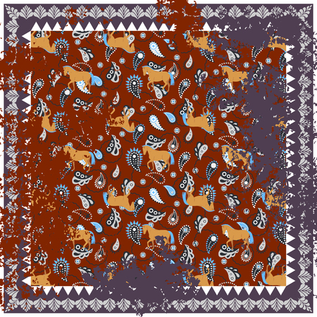 Horse and paisley rough rug vector square design.のイラスト素材