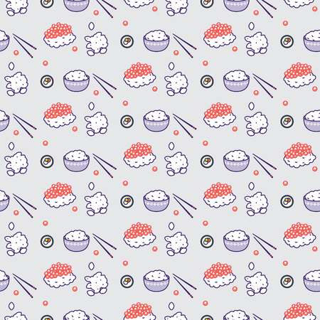 Sushi caviar and rice meal seamless vector pattern. Japanese food cartoon purple background.のイラスト素材