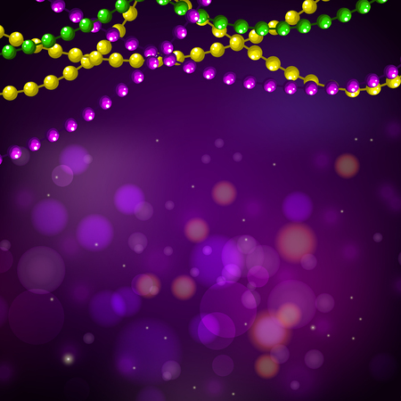 Mardi gras bead garlands and bokeh card vector purple background.のイラスト素材