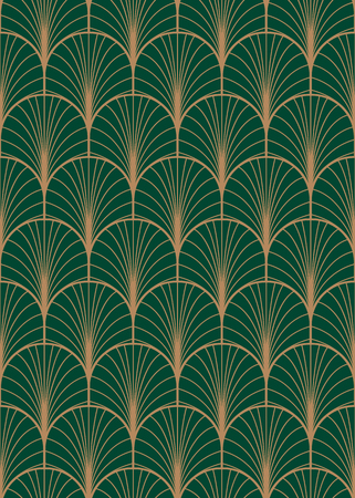 Art deco geometric seamless vector pattern, Gold and green peacock abstract feathers texture.のイラスト素材