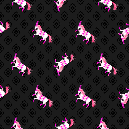 Dark horse black and pink seamless vector pattern. Circus animal repeat background.のイラスト素材