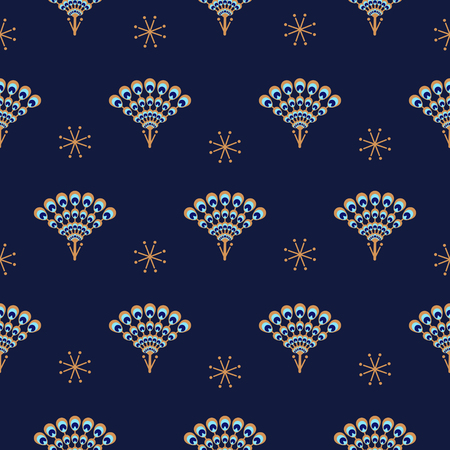Peacock fan seamless blue vector pattern.のイラスト素材