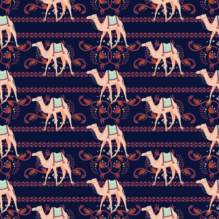 Vector seamless pattern with camels and oriental decorative motifs.のイラスト素材