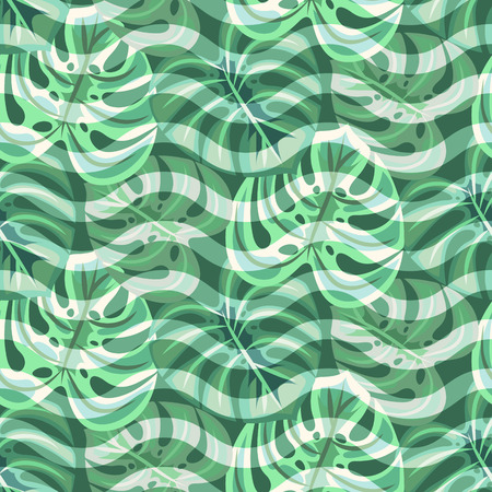 Botany monstera leaves and chevron lines trendy background seamless pattern.のイラスト素材