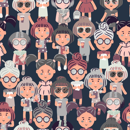 Cute fashion girls vector cartoon seamless pattern. Fashion teenagers characters crowd background.のイラスト素材