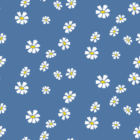 Retro daisy simple blue florals seamless vector pattern. Blue and white chamomile floral dress textile print background.のイラスト素材