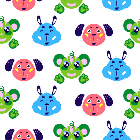 Funny animals cute smiling childish vector colorful seamless repeat pattern. Cheerful funny alpaca, dog and monkey baby background for apparel print and fabric.のイラスト素材