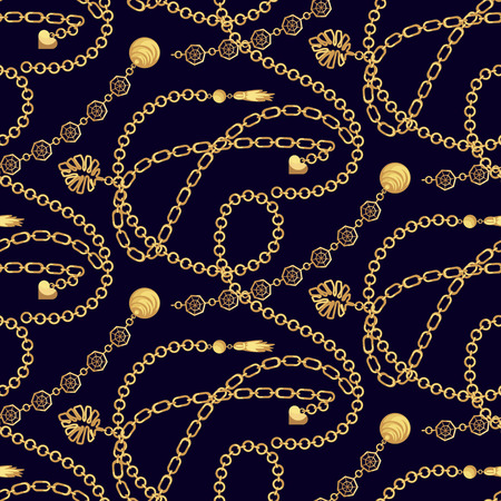 Chain gold pendants necklace pattern fashion vector design. Gold jewelry accessories seamless vector print for scarf print and dress.のイラスト素材