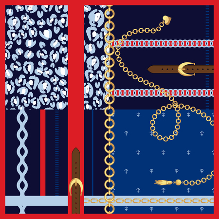 Silk scarf gold chains and belts fashion design vector. Fabric shawl patches template with blue leopard and anchors elements.のイラスト素材