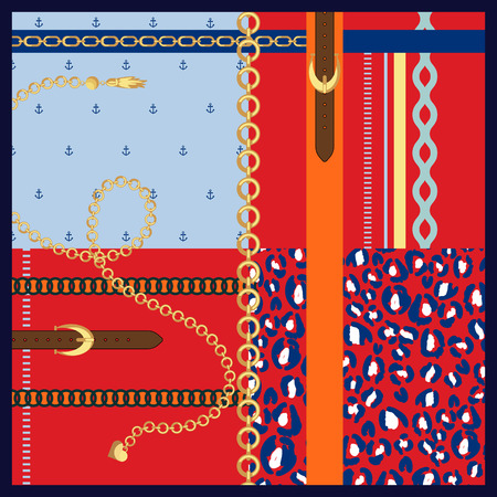 Silk scarf gold chains and belts fashion design vector. Fabric shawl patches template with leopard and anchors elements. Blue and red colors.のイラスト素材