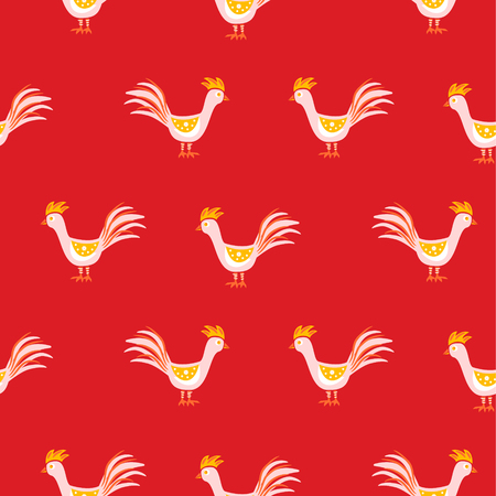 Seamless pattern with cute roosters on red vector background. Cartoon style chicken bird for fabric print.のイラスト素材