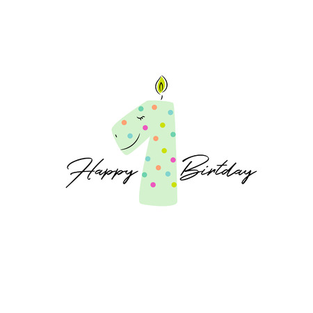 First birthday dino candle card design template. Cute dinosaur animal in a shape of number one.のイラスト素材